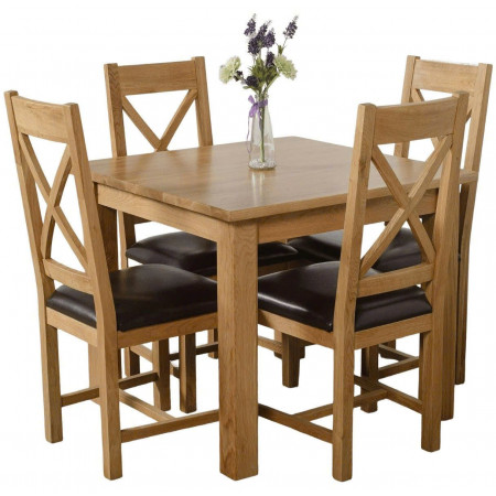 Square 90cm : Bàn Ăn Gỗ Sồi Vuông 90cm + 4 Ghế ( Lưng X - Mặt Nệm PU )